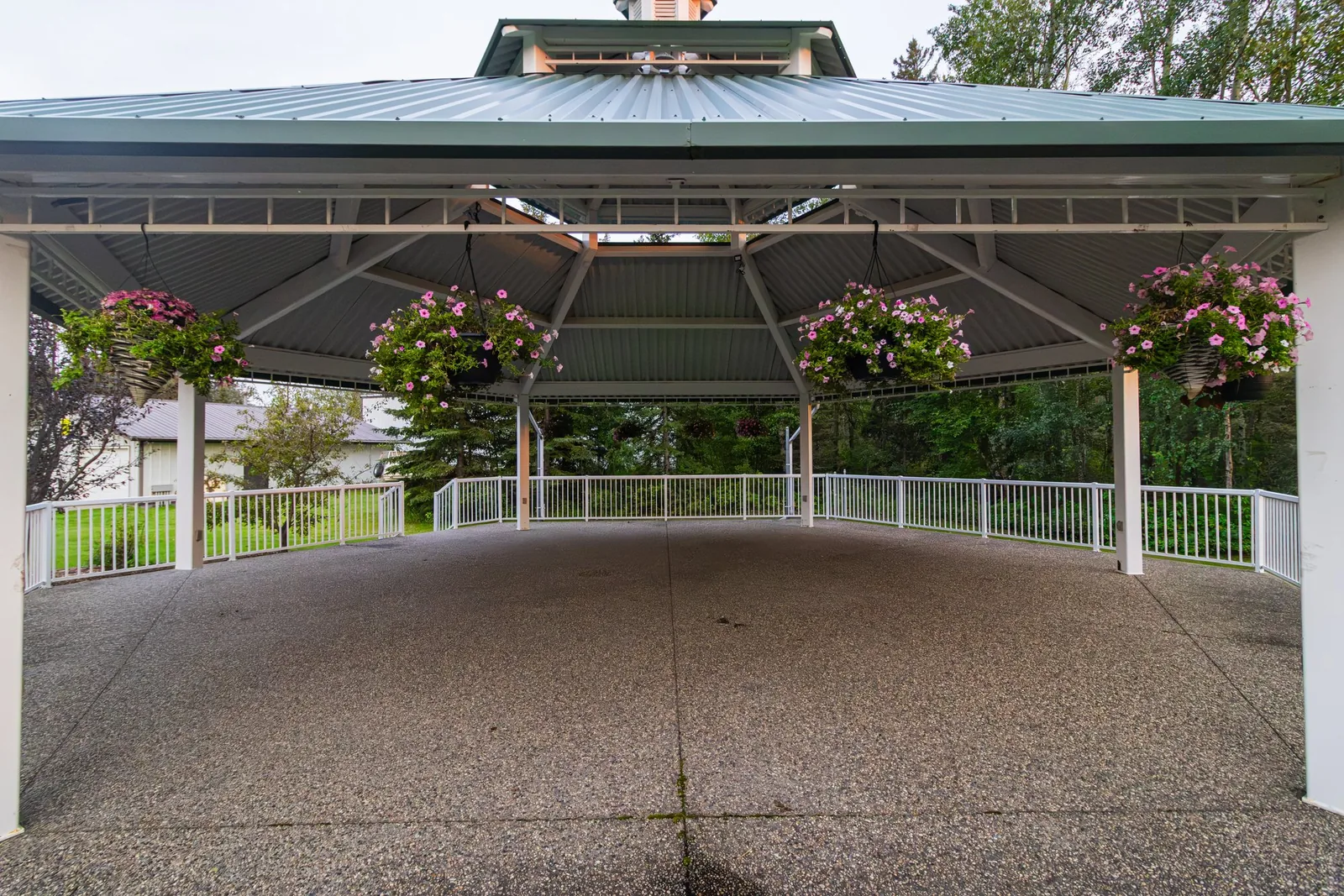 The Clymont pavilion with hanging flower baskets